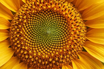 Close-up macro of sunflower center showing spiral pattern and vibrant yellow petals in natural abstract background with soft light focus. Ai generative