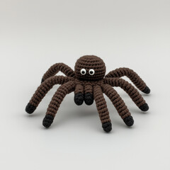 A meticulously crafted brown crochet spider, boasting lifelike detailing and endearing cartoon eyes, sits in a simple background.