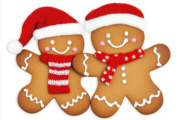 Two festive gingerbread man, adorned with holiday hats and scarves, sharing an embrace, evoke the warmth and joy of the Christmas season.