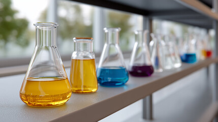 Laboratory glassware, arrayed on a shelf, showcase a spectrum of colorful liquids, suggesting scientific exploration and experimentation.
