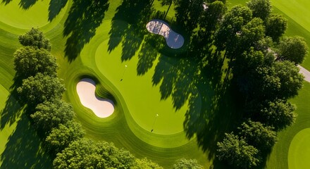 Aerial view of a golf course with sand traps and trees, showcasing the lush green fairways and manicured landscape on a sunny day