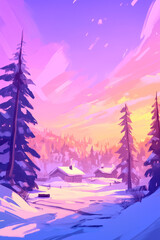 An enchanting winter landscape where the sun kisses the snow-covered trees and cabins, the sky painted with gentle hues of sunset. 