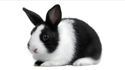 Black and white rabbit isolated on transparent background cutout PNG file with clipping path Adorable bunny animal sitting in the front view