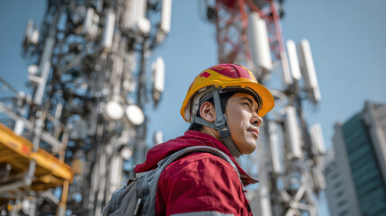 Obraz premium A telecommunications worker inspects equipment at a network tower, showcasing the modern technology of communication infrastructure.