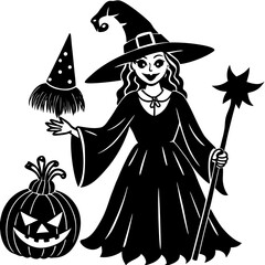 Black Witch with Spooky Pumpkin and Magic Broom – Halloween Vector Illustration