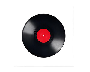 Fototapeta premium Black vinyl record with a white blank paper cover isolated on a white background top view Mockup for design printing or text effects Flat lay White paper moc