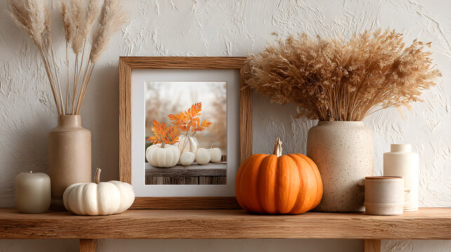 Autumn-themed wooden frame on a shelf with fall grases, pumpkin, and white wal.