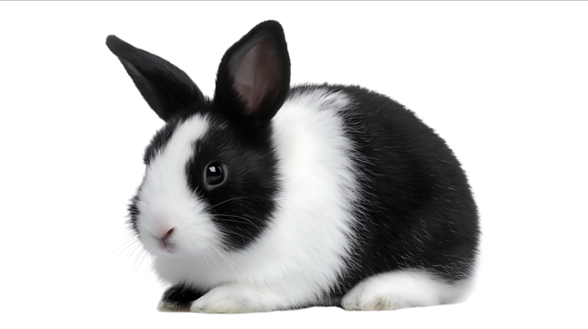 Black and white rabbit isolated on transparent background cutout PNG file with clipping path Adorable bunny animal sitting in the front view
