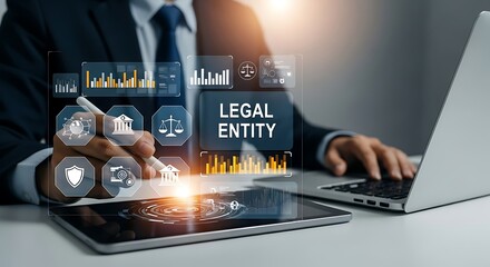 Businessman analyzing legal entity data with futuristic holographic interface