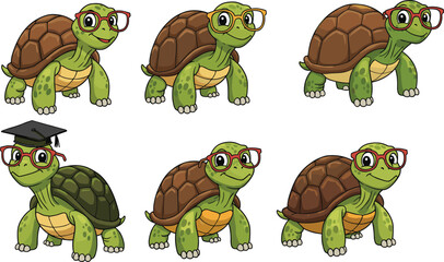 Cute Cartoon Turtles with Glasses and Graduation Cap, Smart Tortoises, Adorable Animal Characters with Glasses, Fun Illustrations