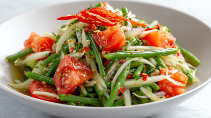 A vibrant and fresh salad featuring tomatoes, green beans, and spices for a healthy meal option.