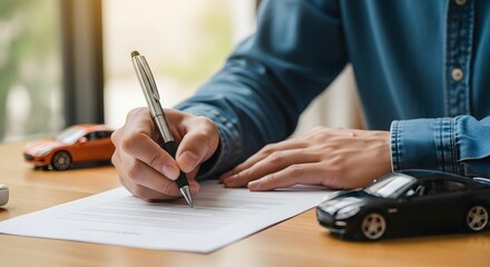 A persons hands signing a document with a pen, with miniature black and orange sports cars placed on a wooden desk, suggesting car insurance or purchase