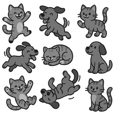 Fototapeta premium Jump, Nap, Wave! Cute Cats & Dogs Vector Set. Cartoon dogs and cats in fun playful poses, vector illustration style, flat colors, clean outlines, seamless background, cute pet characters jumping