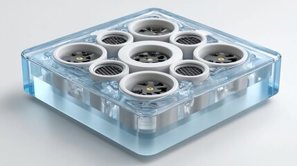 Floating model of wearable thermal management unit with phase-change material core and micro-fan arrays isolated on white representing personal climate regulation devices