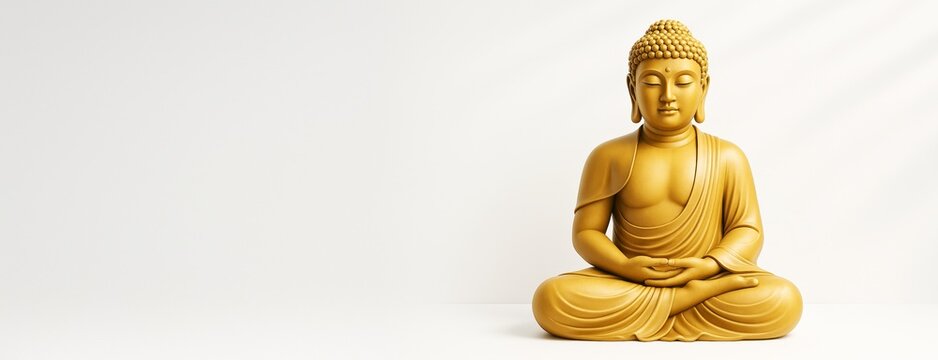 Golden Buddha statue sitting in meditation with soft shadows on white background, minimalist composition with copy space for spiritual or cultural concepts.