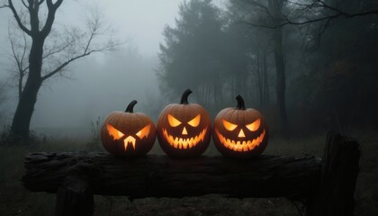 Spooky carved pumpkins glowing in a misty forest at night.