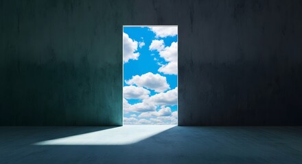 An open door reveals a bright blue sky filled with fluffy white clouds, casting a dramatic light beam onto the floor of a dark, minimalist room, symbolizing opportunity and new beginnings