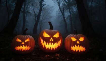 Obraz premium Spooky carved pumpkins glowing in a dark, misty forest setting.