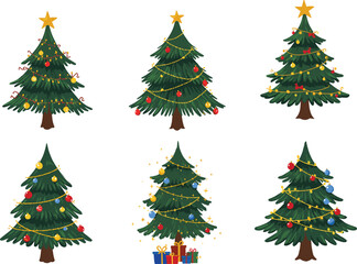 Cartoon Christmas Trees with Ornaments, Lights, and Stars, Festive Decor with Gifts, Holiday Trees, Merry Christmas Decorations