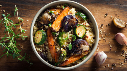 A vibrant bowl of quinoa mixed with roasted vegetables, featuring squash, zucchini, and fresh herbs on a rustic wooden table.
