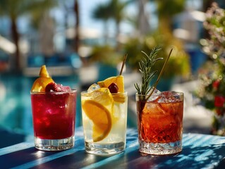Three tropical cocktails with ice and rosemary garnish at poolside outdoor bar, sunlight highlighting vibrant colors and textures, palm trees in background, close-up shot.