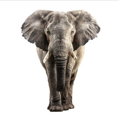 Obraz premium An African elephant standing looking at the camera isolated on a white background with a clipping path Fullbody portrait of an African wildlife animal