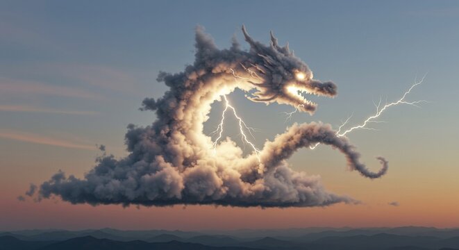 Majestic Storm Dragon Formed from Clouds Illuminated by Lightning Strikes During a Beautiful Sunset Sky Over Rolling Hills