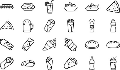 Fast Food and Drink Line Art Icons Set, Outline Vector of Burger, Sandwich, Taco, Wrap, Soda, Juice, Snacks, Restaurant, Cafe, Delivery and Menu Illustration Collection