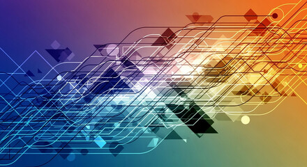 Abstract design for file titles and keywords. Intersecting lines, shapes, and a gradient of blue to orange suggest advanced technology.

