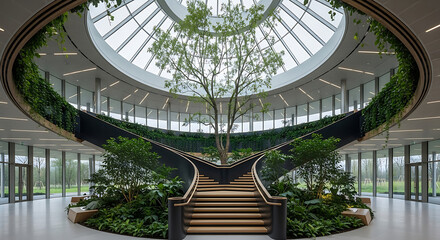Modern office building interior with grand staircase and lush greenery