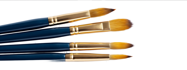 Set of five dark blue art brushes with golden bristles on a white background top view Isolated artists tools for painting and drawing Artistic accessories fo