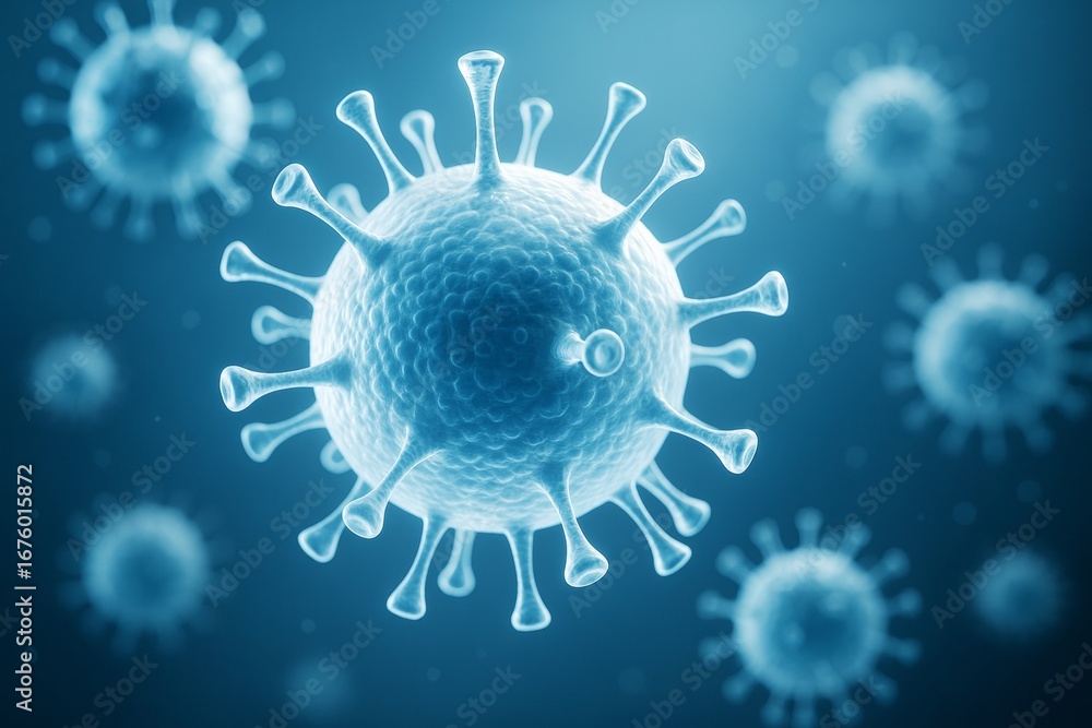 Poster close-up of glowing virus cells with translucent spikes on blue light background in abstract microsc