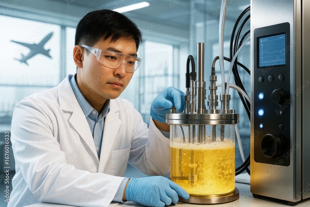 Poster scientist operating bioreactor in modern lab with airplane visible through window, illustrating biot