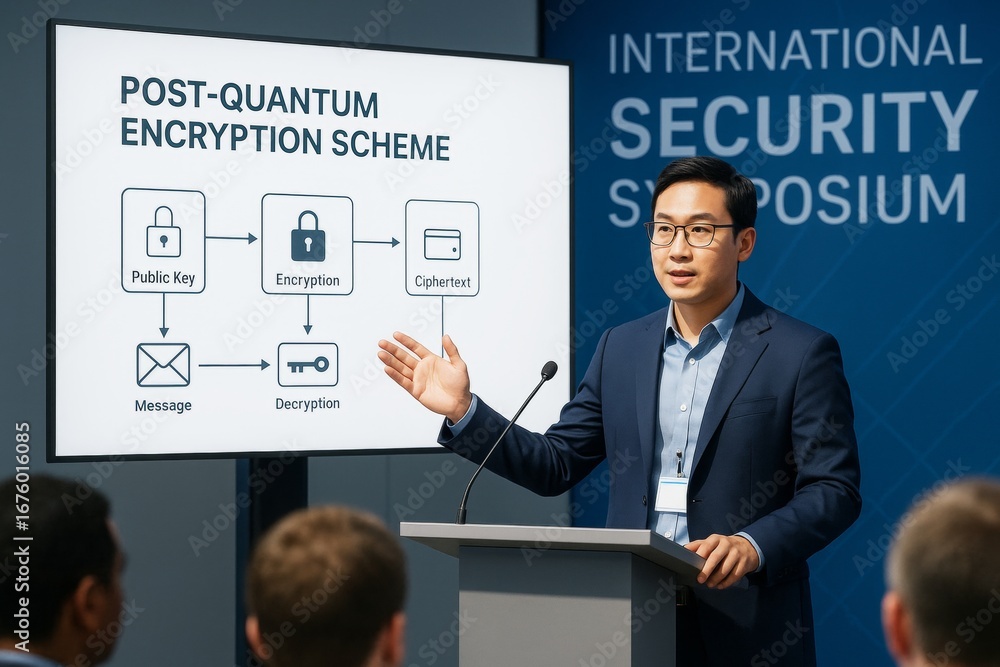 Poster speaker presenting post-quantum encryption scheme at technology conference with informative diagram 