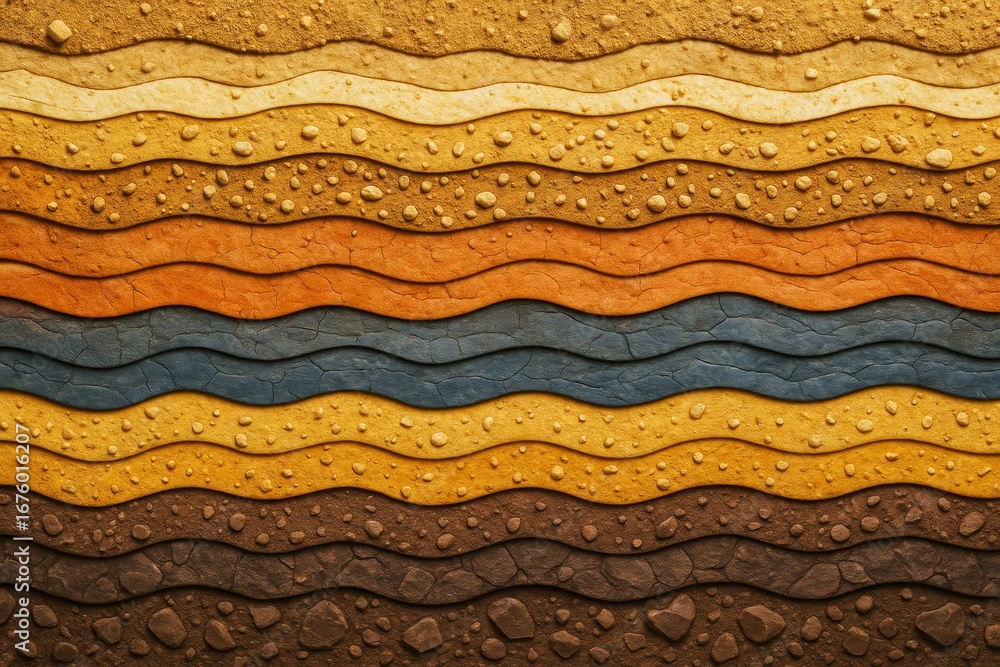 Poster colorful abstract layered soil texture background with wavy patterns and pebbles in earthy tones sym