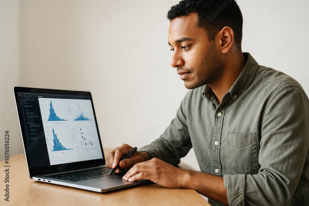 Aufkleber focused man analyzing data visualizations on laptop with stylus at wooden desk in bright room, conce