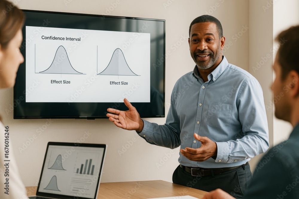 Poster business professional explaining confidence interval graphs to colleagues during meeting in office w