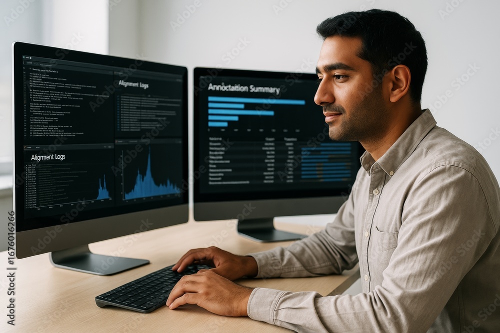 Poster data analyst focused on dual monitors showing alignment logs and annotation summary in a modern offi