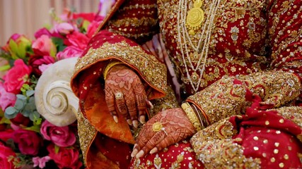 Bride posing for photo shot, dressed in red traditional Indian clothes, Elements of Asian wedding. 