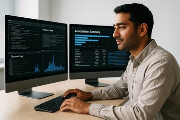 Data analyst focused on dual monitors showing alignment logs and annotation summary in a modern office with light background and clean desk setup. Ai generative