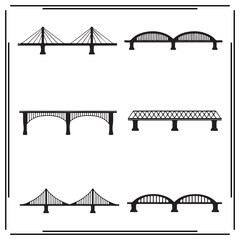 Black Silhouettes of Different Bridge Designs - Suspension, Arch, and Truss Bridges, Structural Engineering Icons, Urban Infrastructure Symbols, River Crossing Bridges