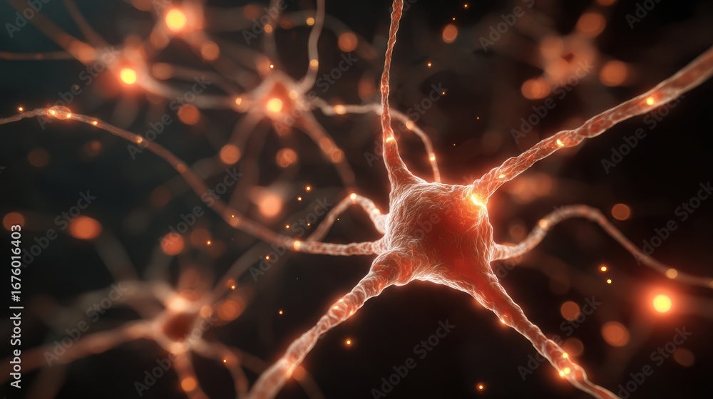 Poster close-up view of a neuron with glowing fibers, representing neural connections and brain activity.