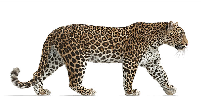 Photograph of a leopard walking isolated on a white background with a clipping path fullbody standing side view detailed high quality
