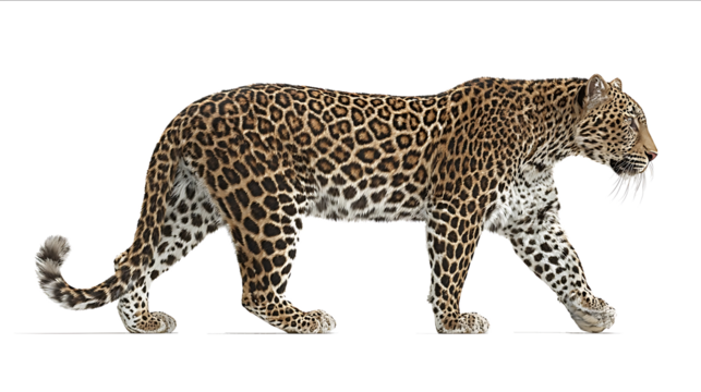 Photograph of a leopard walking isolated on a white background with a clipping path fullbody standing side view detailed high quality