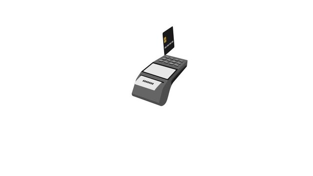 animated credit card being swiped on edc machine and coming out receipt paper, animation footage video on alpha channel(transparent) background.