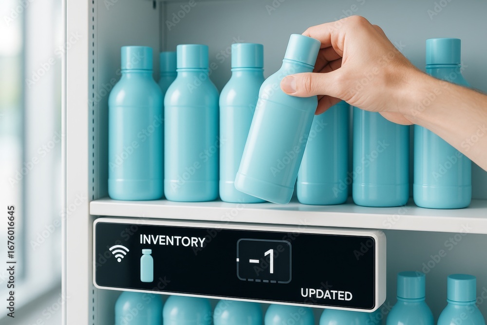 Aufkleber smart inventory system tracks blue bottles on shelf in real time as hand removes one, digital screen