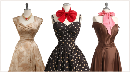Three vintage dresses on mannequins isolated against a white background a black polka dot dress with a red bow and pearls in the middle a beige patterned gow