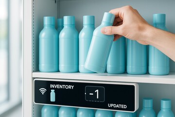 Smart inventory system tracks blue bottles on shelf in real time as hand removes one, digital screen updates count immediately. Ai generative. Ai generative