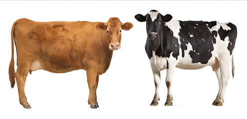 Two cows standing one brown and the other black with white spots on their bodies isolated against a pure white background The brown cow is located to the lef