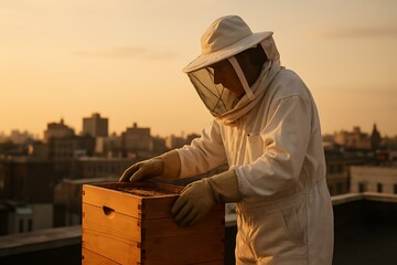 urban rooftop beekeeper tending a wooden hive box at golden hour, with warm sunlight and soft city skyline in the background